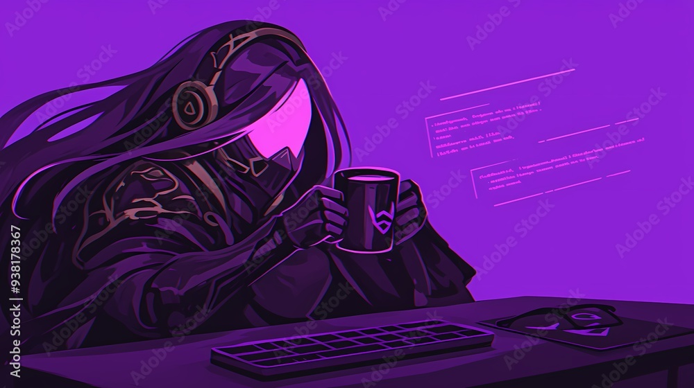 Obraz premium A mysterious figure cloaked in shadows, immersed in the digital world.