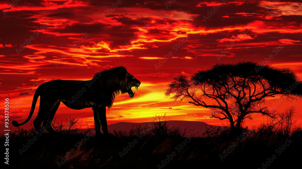 A roaring lioness silhouetted against a vibrant, fiery sunset, her figure sharply defined by the backlight A roaring lioness silhouetted against a vibrant, fiery sunset, her figure sharply defined by the backlight