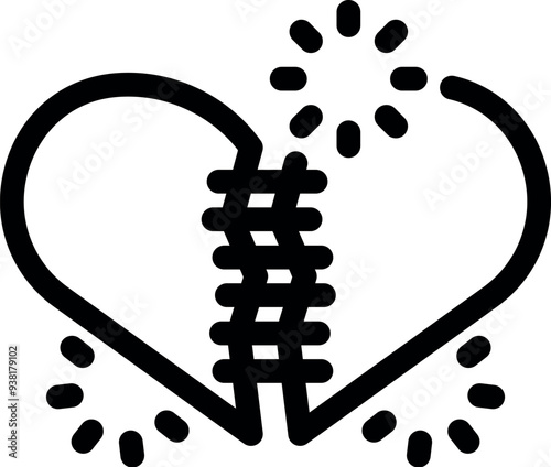 Black and white illustration of a broken heart being patched up with surgical stitches