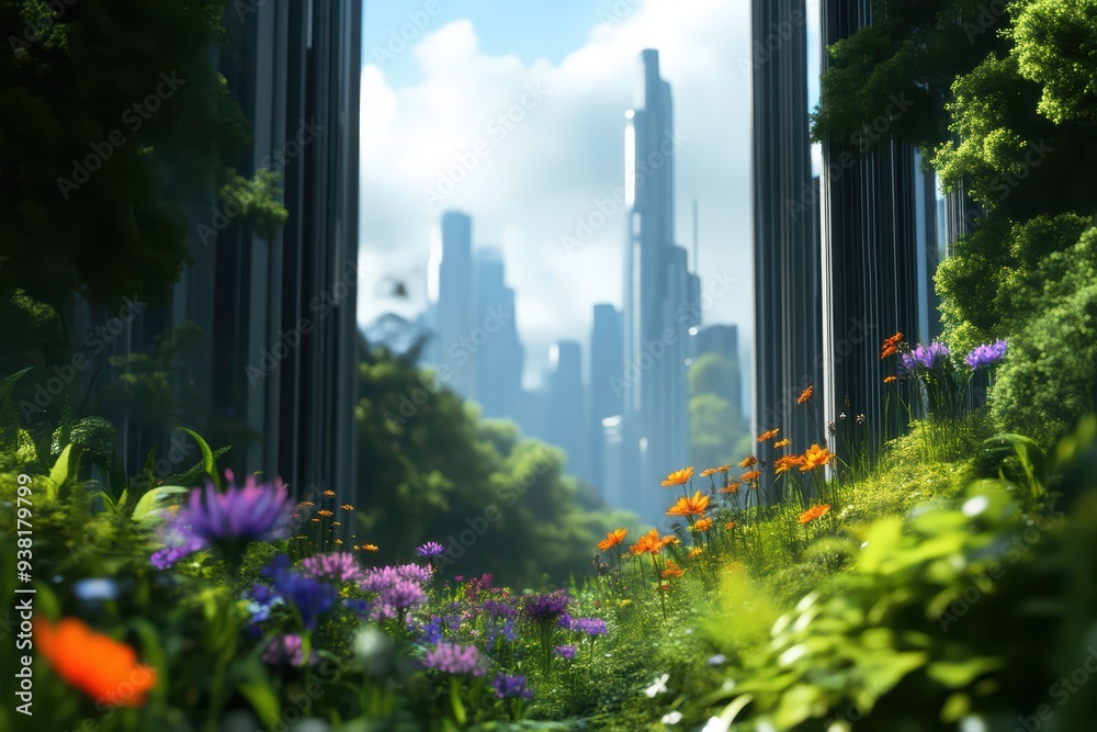 Fototapeta premium A vibrant cityscape emerges through a lush garden, showcasing the harmony of nature and urban development in a bright, sunny scene.
