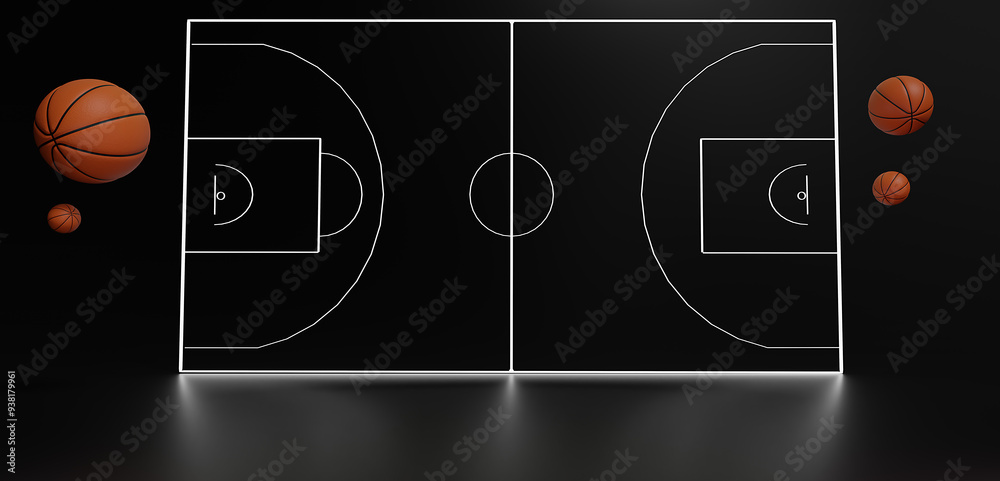 Obraz premium Balls with basketball court. Sport concept design. Black background. Sport online live. bet casino design. goal competition. motion graphic. 3d template design. Space for text.