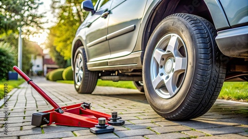 Car jack holds up a car's raised wheel as a shiny new tire is being mounted, replacing the old flat one on a paved driveway. photo