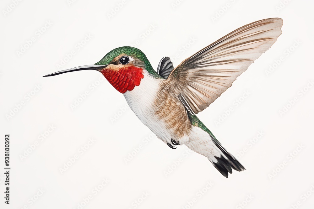 Fototapeta premium A vibrant hummingbird in mid-flight, showcasing its dazzling feathers and iridescent colors against a clean background.