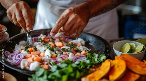 A Peruvian chef preparing ceviche, with fresh fish marinating in lime juice, red onions, cilantro, and slices of sweet potato on the side. A chef's hands skillfully prepare a vibrant salad with fresh 