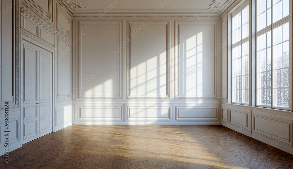 Obraz premium room with white walls and wooden floors, taken from the front perspective, showcasing the texture of the wood floor