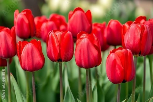 Numerous red tulips set against a natural backdrop