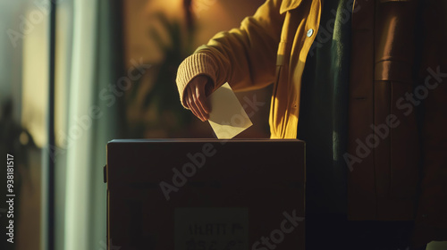 A person standing at a ballot box, with their hand held back, symbolizing the decision not to vote. photo