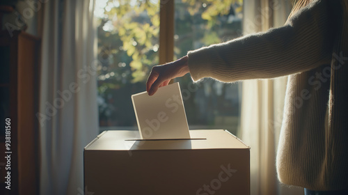 A person standing at a ballot box, with their hand held back, symbolizing the decision not to vote. photo