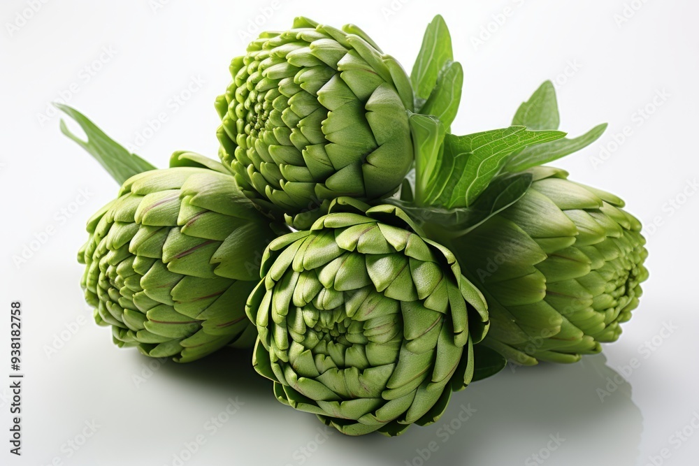 Fototapeta premium Fresh Green Artichokes with Leaves on White Background