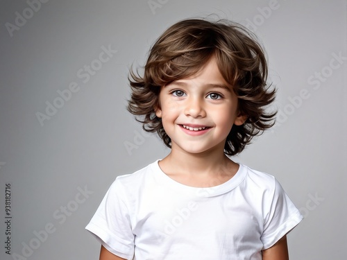 Smiling child in white t-shirt, mockup for design template