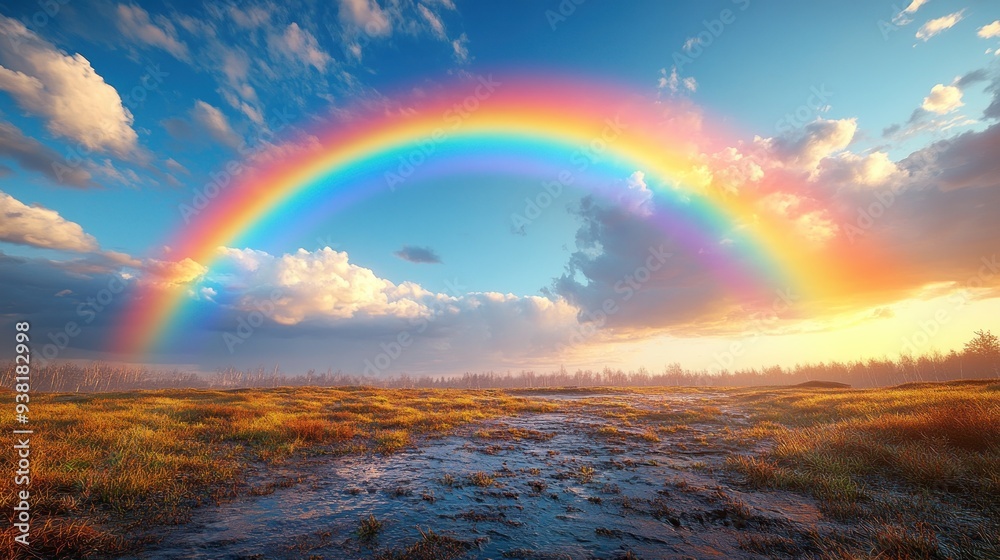 Rainbow Over a Field at Sunset