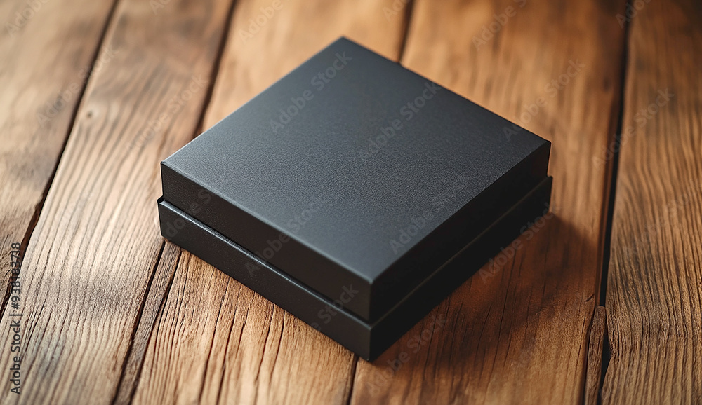 Black square box mockup on a wooden table Black square box mockup on a wooden table