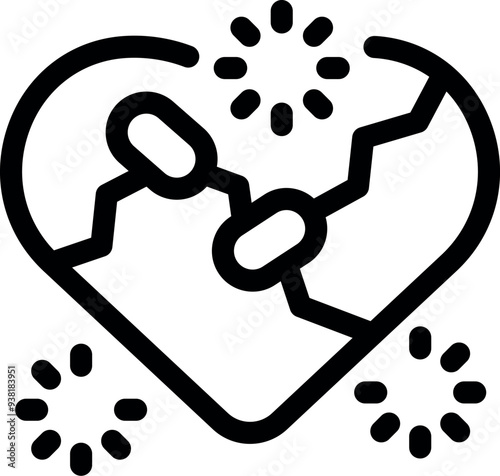 Line art vector icon of a broken heart with wires connecting the pieces, symbolizing the attempt to repair a relationship