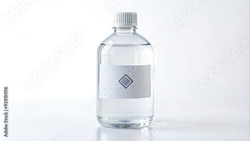 Clear bottle of 99% isopropyl alcohol liquid solvent with a white cap and label on a white background, ready for medical or industrial use. photo