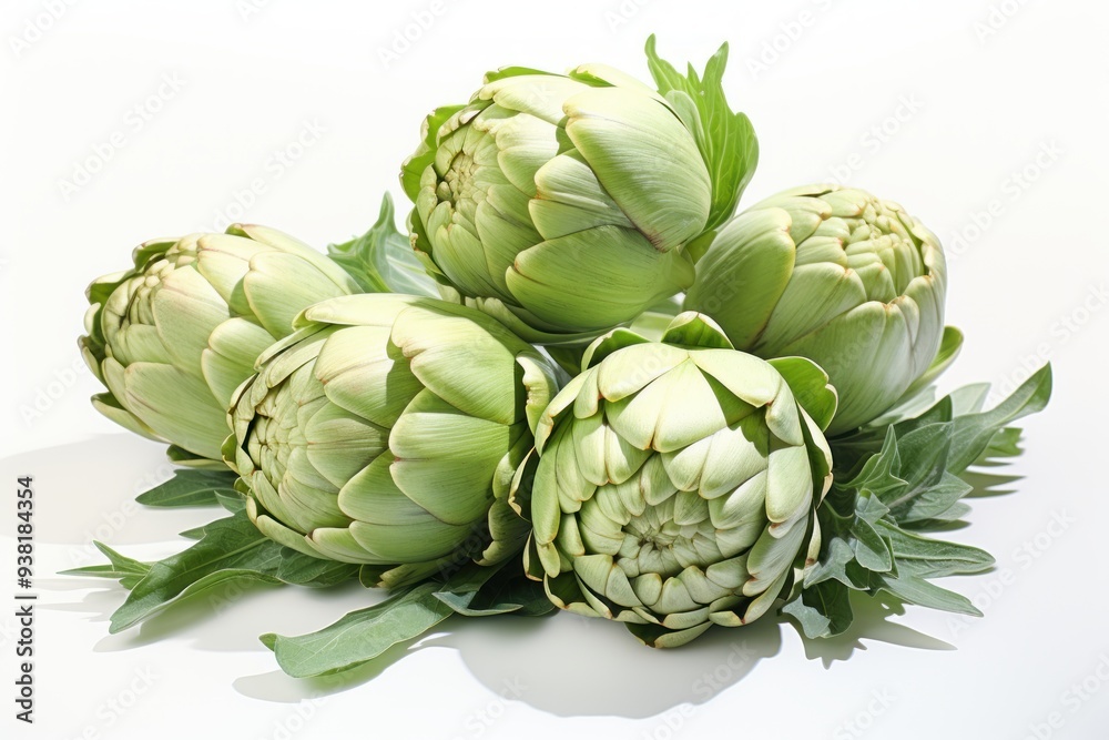 Obraz premium Fresh Green Artichokes with Leaves on White Background