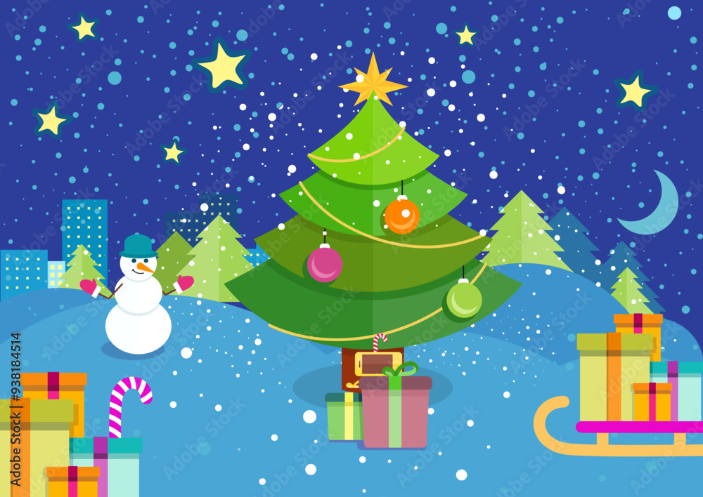 Obraz premium Holiday illustration depicting Christmas tree, snowman, presents, cityscape. Winter festivities gift-giving, urban celebration, snowy night, seasonal decor, family traditions, joyful atmosphere