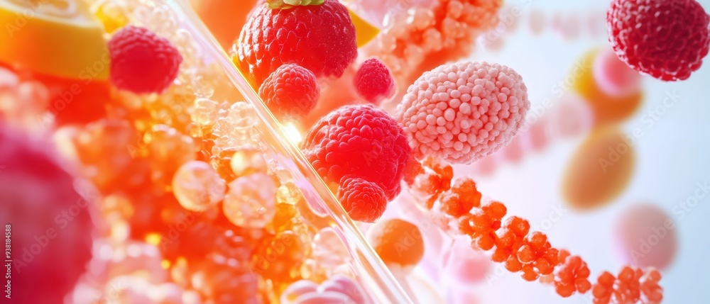 Vibrant abstract composition with colorful spheres, showcasing a blend of fruits and molecular structures for a fresh feel.