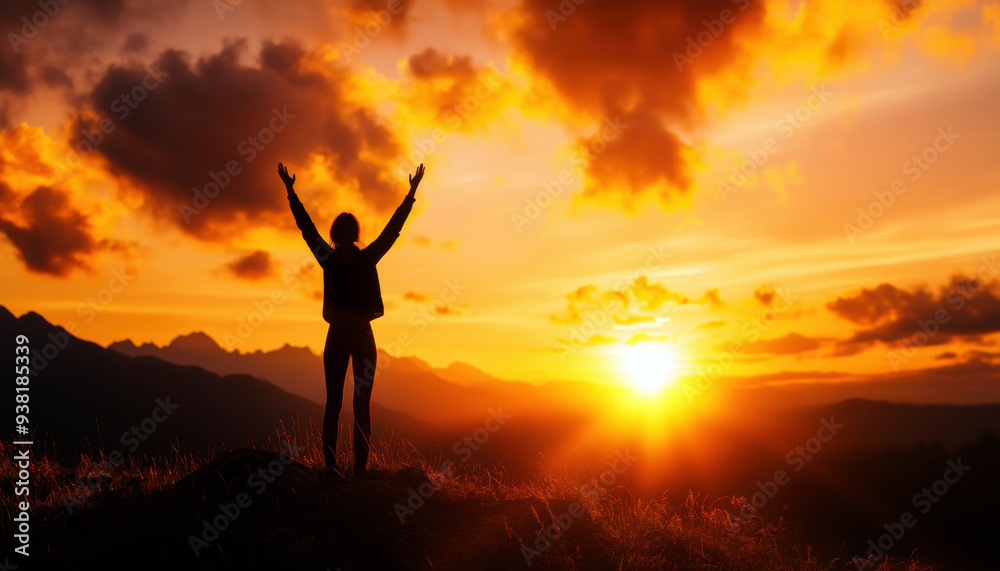 A silhouetted figure stands on a mountaintop, arms raised in triumph, against a breathtaking sunset, embodying the spirit of freedom and joy in nature's beauty. A silhouetted figure stands on a mountaintop, arms raised in triumph, against a breathtaking sunset, embodying the spirit of freedom and joy in nature's beauty.