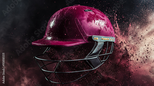 A vibrant cricket helmet splashes through cloud of color, showcasing its sleek design and protective features. image conveys sense of action and excitement. photo