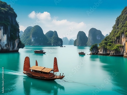 Ha Long Bay Vietnam travel destination. Tour tourism exploring. Generative AI