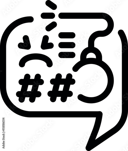 Speech bubble containing a bomb, angry emojis, and sharp symbols representing cyberbullying and online harassment
