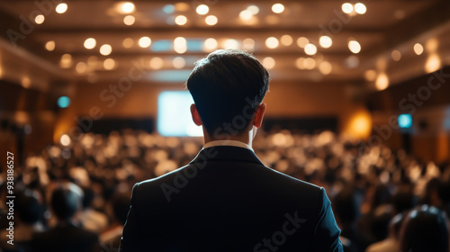 A man in suit stands confidently before an audience, ready to speak. atmosphere is filled with anticipation and focus.