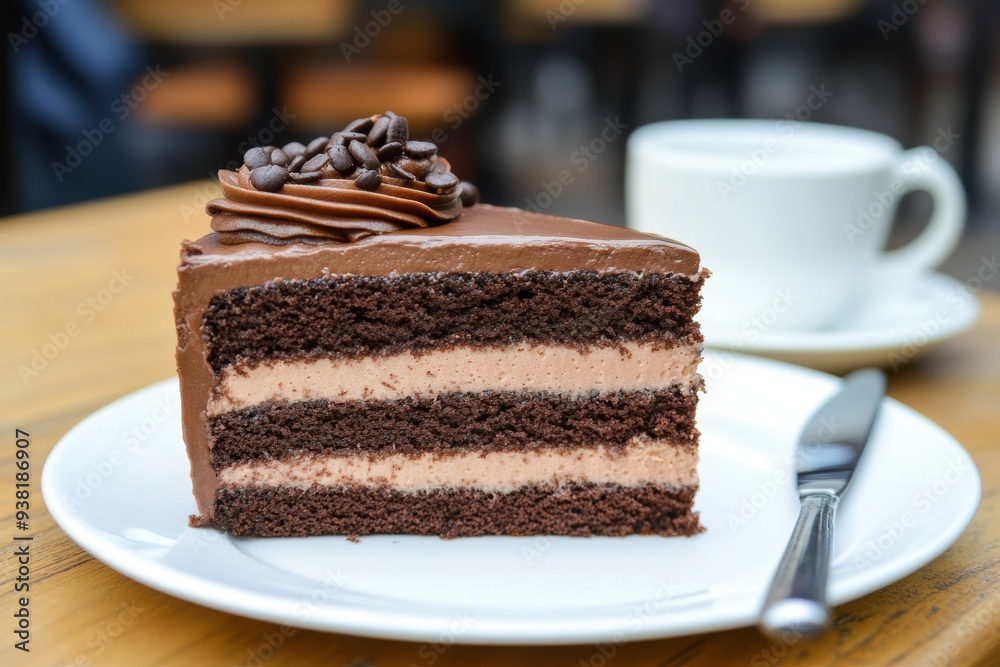 Delicious chocolate cake slice with coffee in background Delicious chocolate cake slice with coffee in background