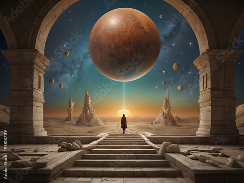 A serene, robed figure sits pensively before an ornate, oversized clock with Roman numerals, set against a surreal cosmic landscape. The backdrop features swirling galaxies, distant planets, and vibra photo