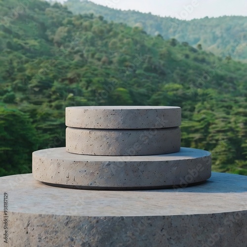 A stone circle surrounded by trees, featuring a flat small stone podium on a rocky platform in the forest. generative ai