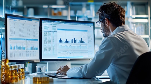 A data dashboard used in pharmaceutical research, showing clinical trial results and patient response data. The scene is analytical, with graphs and charts presenting