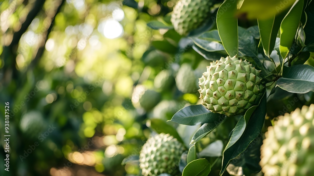 Lush Custard Apple Orchard with Ripe Fruit and Verdant Foliage A Bountiful Agricultural Landscape Showcasing the Beauty of Tropical Custard Apples Among the Vibrant Green Leaves Lush Custard Apple Orchard with Ripe Fruit and Verdant Foliage A Bountiful Agricultural Landscape Showcasing the Beauty of Tropical Custard Apples Among the Vibrant Green Leaves