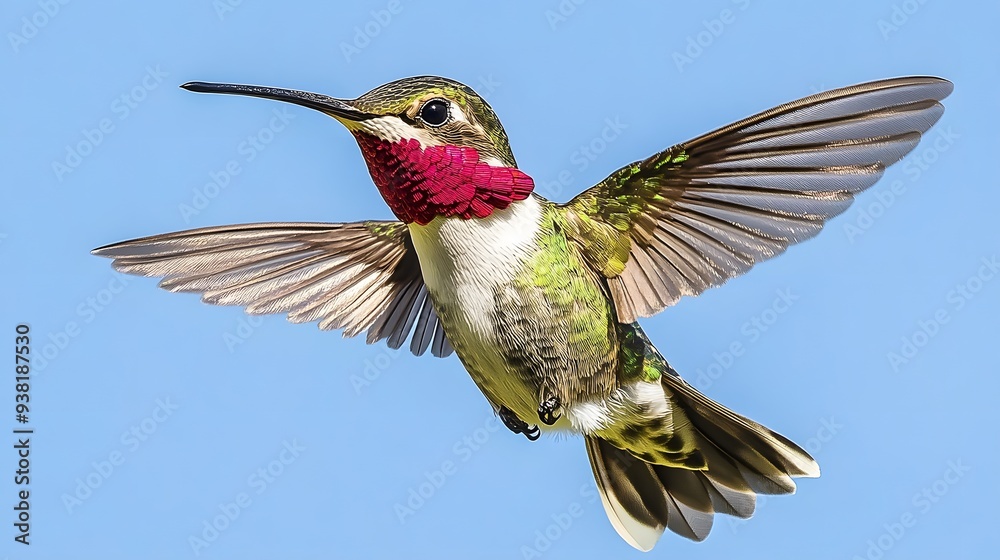 Fototapeta premium Bee Hummingbird Flying Under Blue Sky, Photo Realistic, Pattern Background, Wallpaper, Cover and Screen for Smartphone, Cell Phone, Computer, Laptop, 9:16 and 16:9 Format