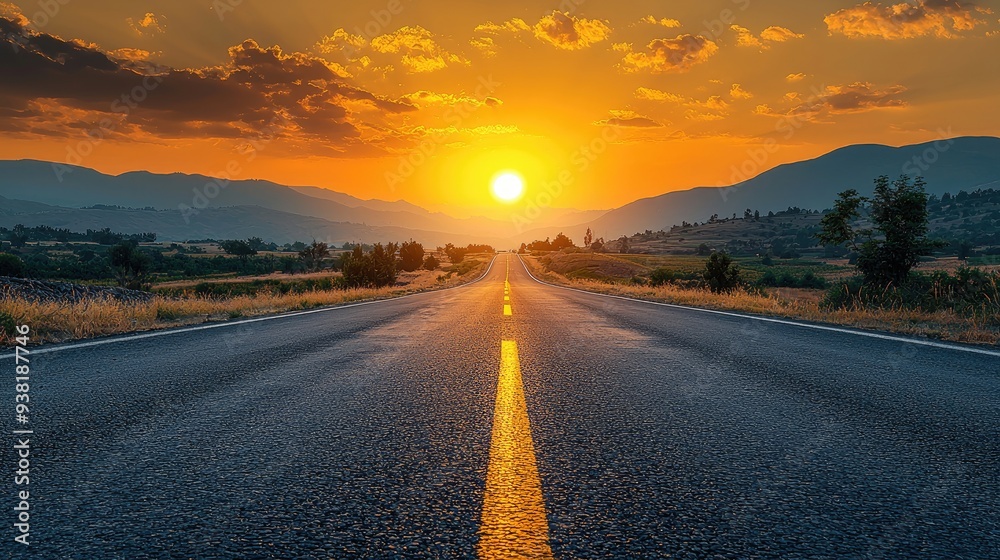 Naklejka premium Open road stretching into the distance with a vibrant orange sunset over the mountains