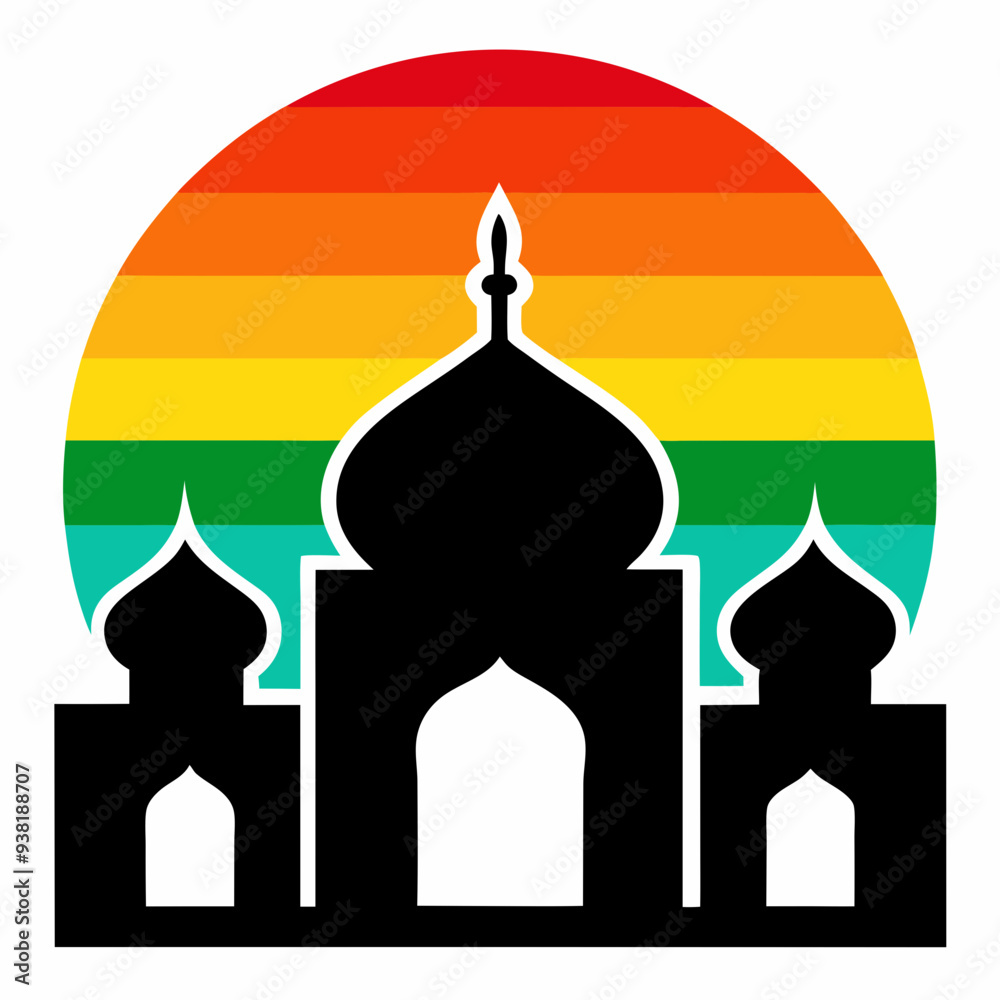 Mosque silhouette with a vibrant rainbow moon vector illustration. T-shirt design vector art. Mosque silhouette with a vibrant rainbow moon vector illustration. T-shirt design vector art.