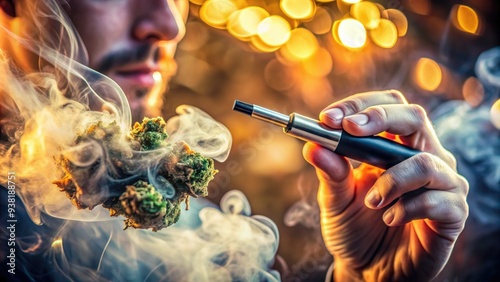 Close-up of a person's hand holding a vaporizer pen, exhaling a thick cloud of cannabis smoke, with a blurred background and warm lighting effect. photo