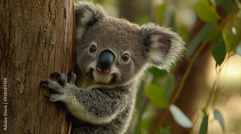 Obraz premium A cute koala clings to a tree, surrounded by lush greenery, perfect for nature-themed content, wildlife conservation articles, or Australian tourism promotional materials,