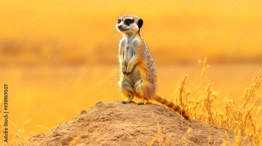 Fototapeta premium A meerkat stands alert on a mound in a sunlit field, ideal for wildlife, nature, or safari-themed projects, Could illustrate vigilance, teamwork, or environmental content,