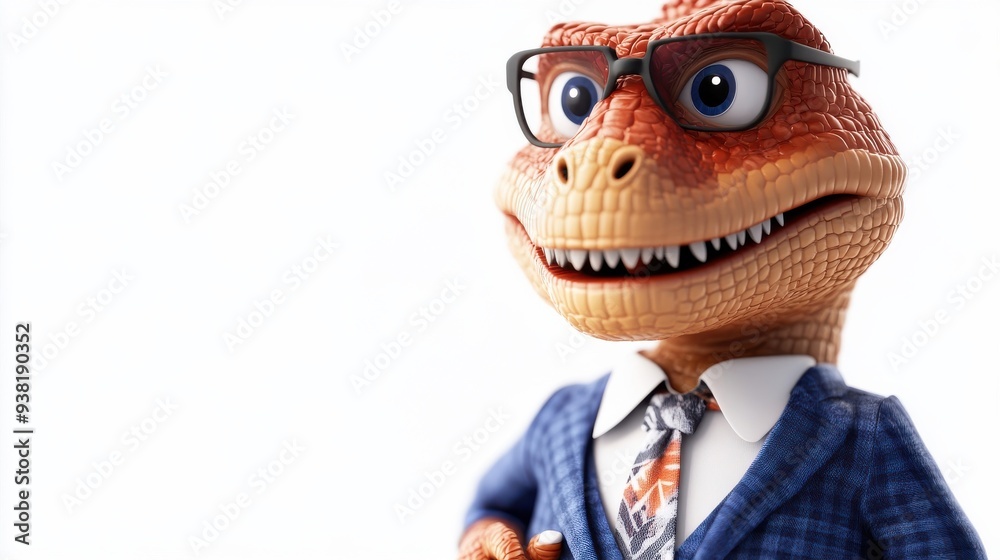 A cartoon dinosaur wearing glasses and a suit is smiling A cartoon dinosaur wearing glasses and a suit is smiling