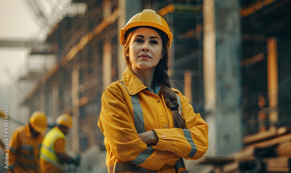 A joyful woman engineer at the heart of a bustling construction site, her hard hat showing the marks of dedication. A joyful woman engineer at the heart of a bustling construction site, her hard hat showing the marks of dedication.
