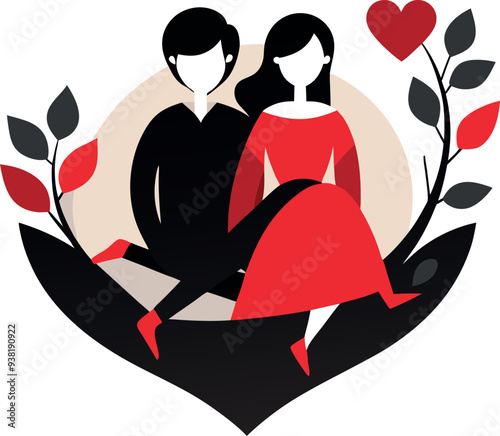 Elegant Love Art Featuring Black Figures and Red Heart Design photo