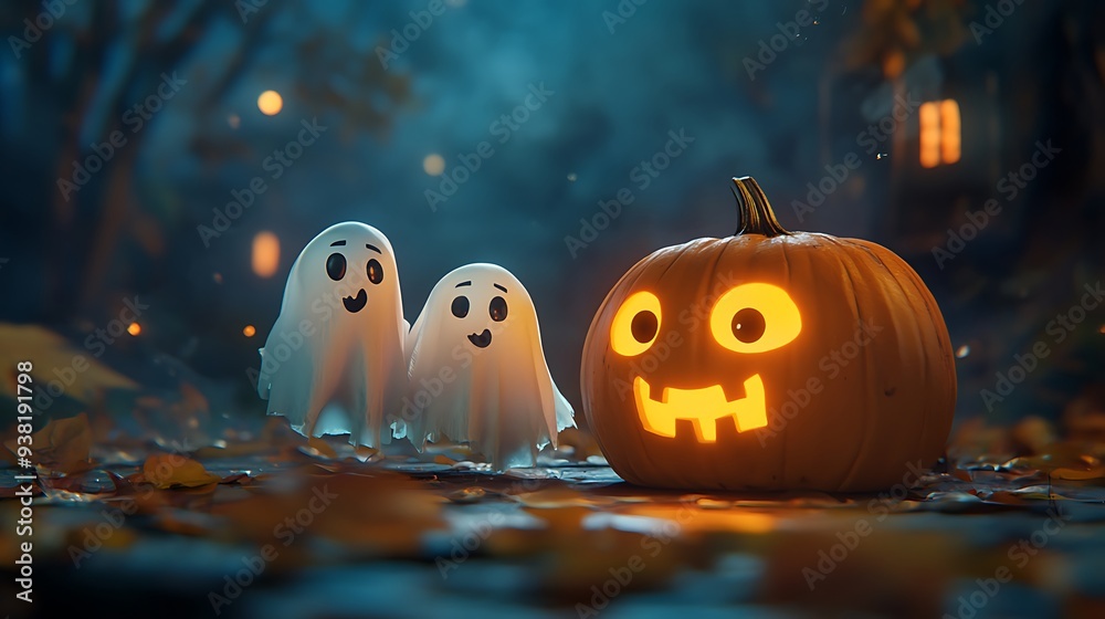 Spooky Halloween Scene with Ghosts and Jack-o'-Lantern Spooky Halloween Scene with Ghosts and Jack-o'-Lantern