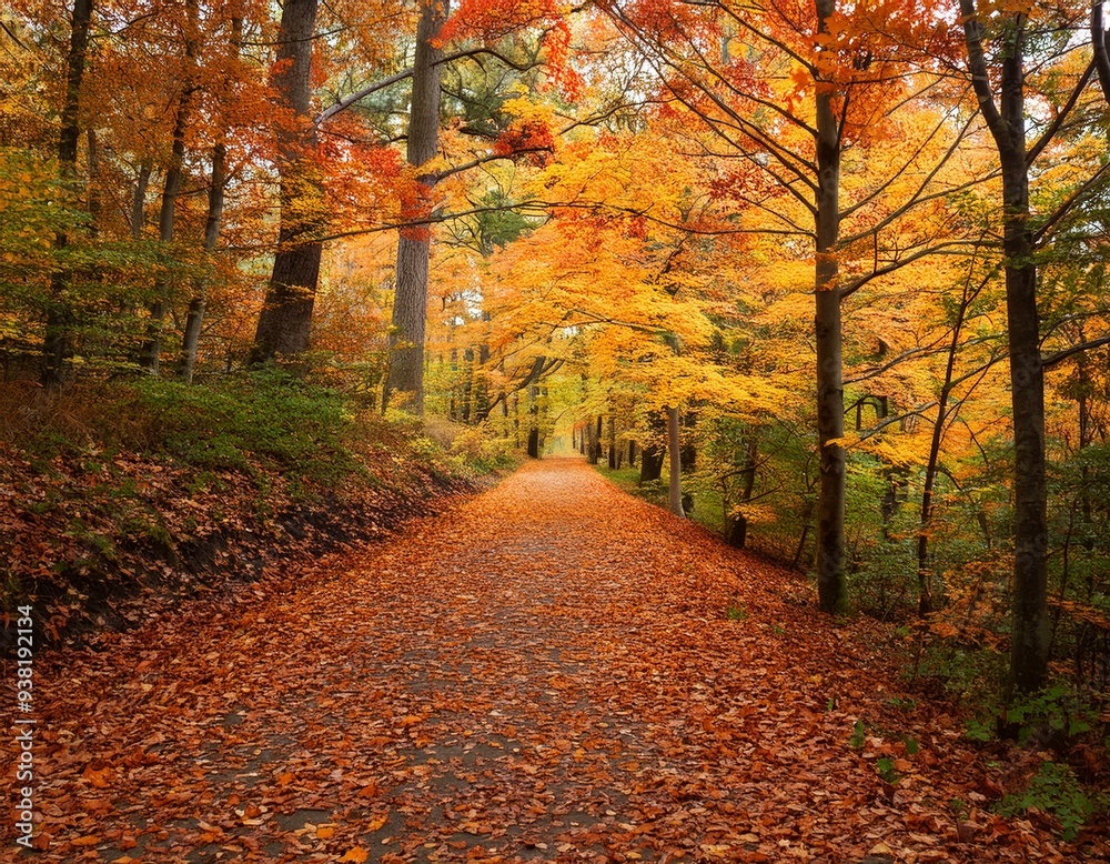 Obraz premium Enchanting Autumn Forest Pathway Carpeted with Vibrant Fall Foliage