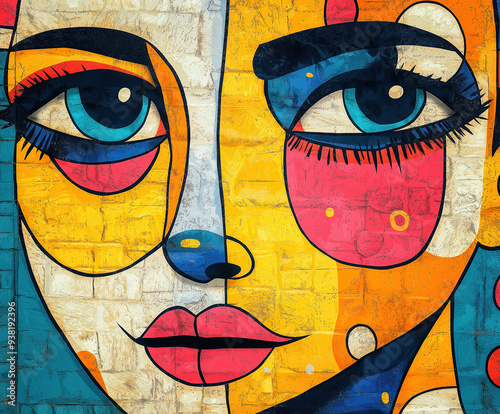 Abstract Colorful Graffiti Art Of A Woman's Face Based On Doodle Art, Surreal Graffiti Wall ArtWith Vibrant Colors photo