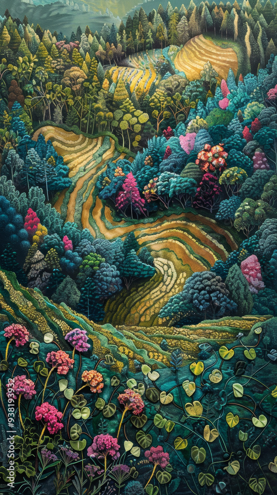Fototapeta premium Vibrant landscape featuring colorful trees and terraced fields, evoking sense of tranquility and harmony with nature.
