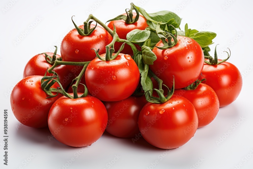 Pile of Fresh Red Tomatoes with Stems on White Background Pile of Fresh Red Tomatoes with Stems on White Background
