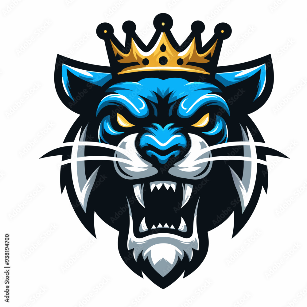 Blue Panther King with Crown Vector Illustration - Fierce Animal Mascot Logo Design , Royal Panther with Crown Graphic - Aggressive Blue Cat Emblem for Sports and Esports Blue Panther King with Crown Vector Illustration - Fierce Animal Mascot Logo Design , Royal Panther with Crown Graphic - Aggressive Blue Cat Emblem for Sports and Esports
