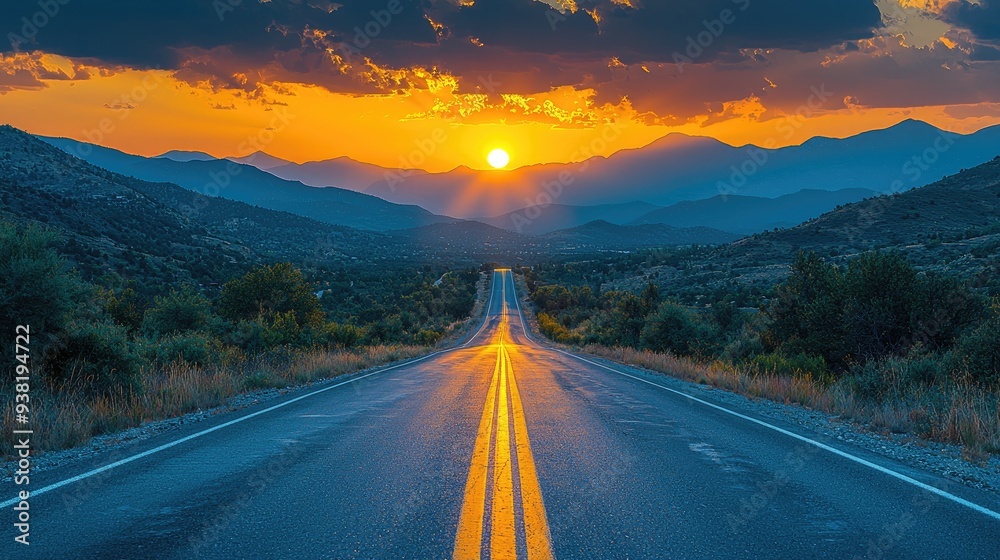 Open road stretching into the distance with a vibrant orange sunset over the mountains Open road stretching into the distance with a vibrant orange sunset over the mountains