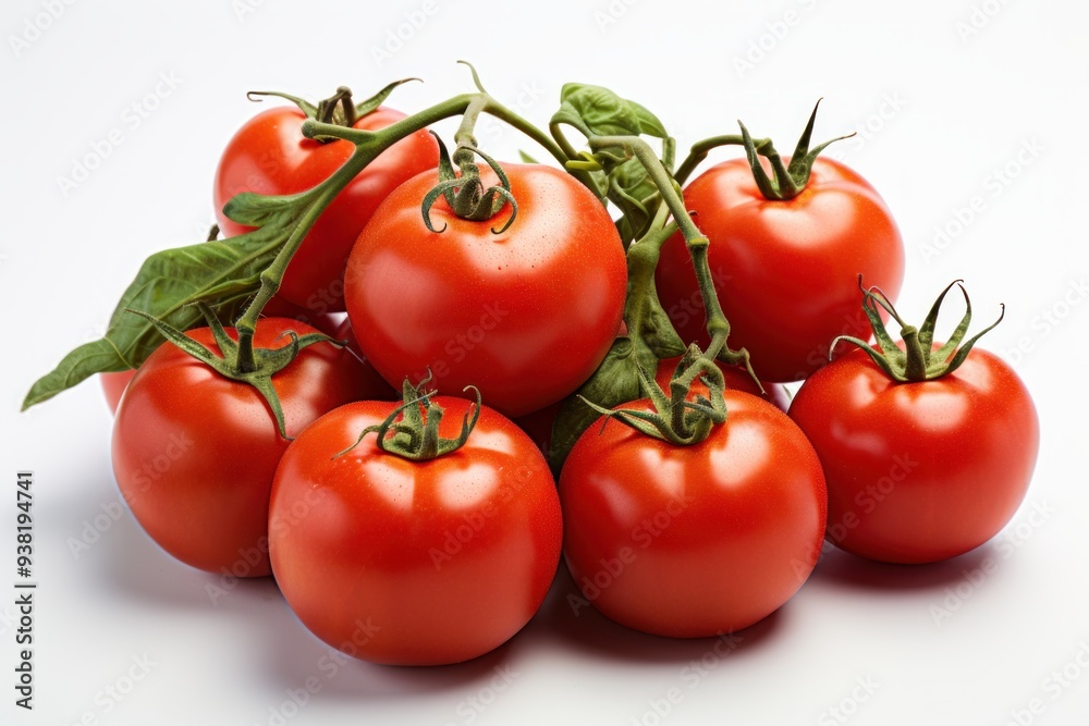 Pile of Fresh Red Tomatoes with Stems on White Background Pile of Fresh Red Tomatoes with Stems on White Background