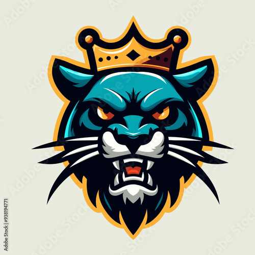 Blue Panther King with Crown Vector Illustration - Fierce Animal Mascot Logo Design , Royal Panther with Crown Graphic - Aggressive Blue Cat Emblem for Sports and Esports