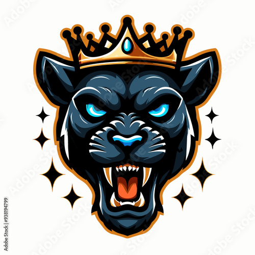 Blue Panther King with Crown Vector Illustration - Fierce Animal Mascot Logo Design , Royal Panther with Crown Graphic - Aggressive Blue Cat Emblem for Sports and Esports